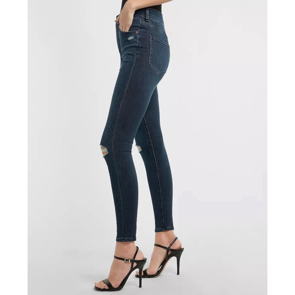 EXPRESS SUPER HIGH RISE DARK WASH RIPPED SUPERSOFT SKINNY JEANS - Picture 3 of 6